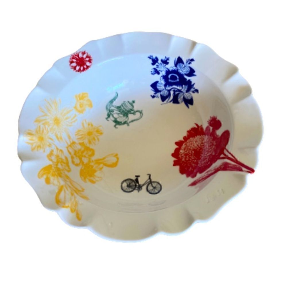 Anthropologie Large Serving Bowl White Floral Decorated Fleur 13”
